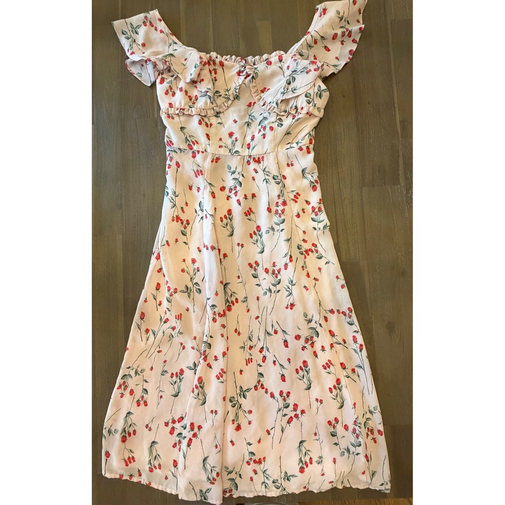 Clothes Bar‎ Pink Floral Rose Ruffle Off Shoulder Midi Dress Womens Medium